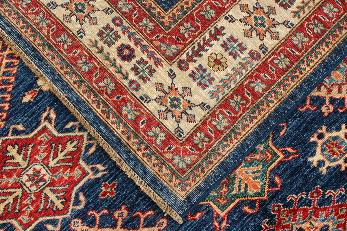 6x8 Navy and Ivory Kazak Tribal Rug