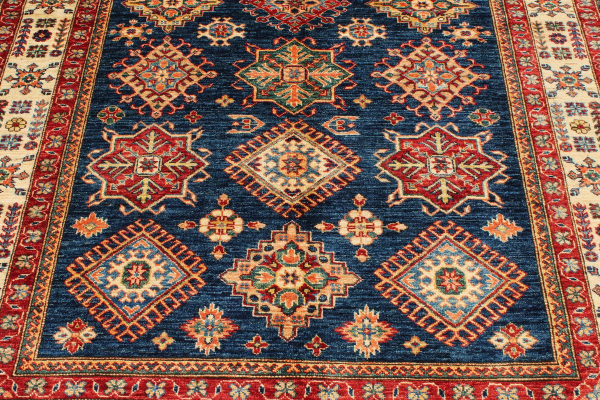 6x8 Navy and Ivory Kazak Tribal Rug