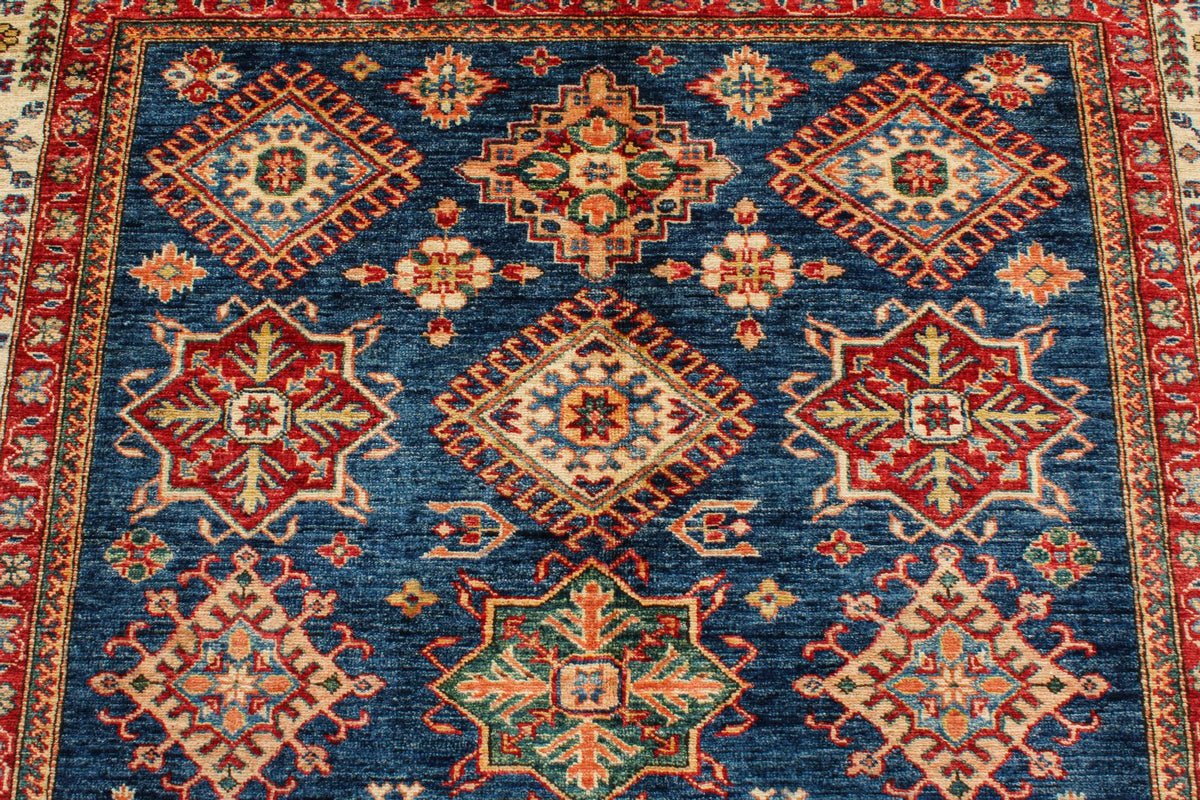 6x8 Navy and Ivory Kazak Tribal Rug