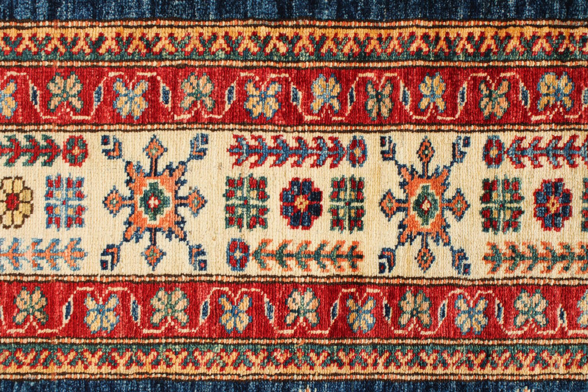 6x8 Navy and Ivory Kazak Tribal Rug