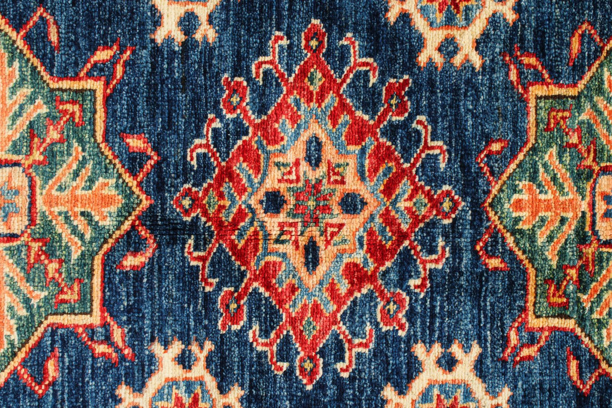 6x8 Navy and Ivory Kazak Tribal Rug
