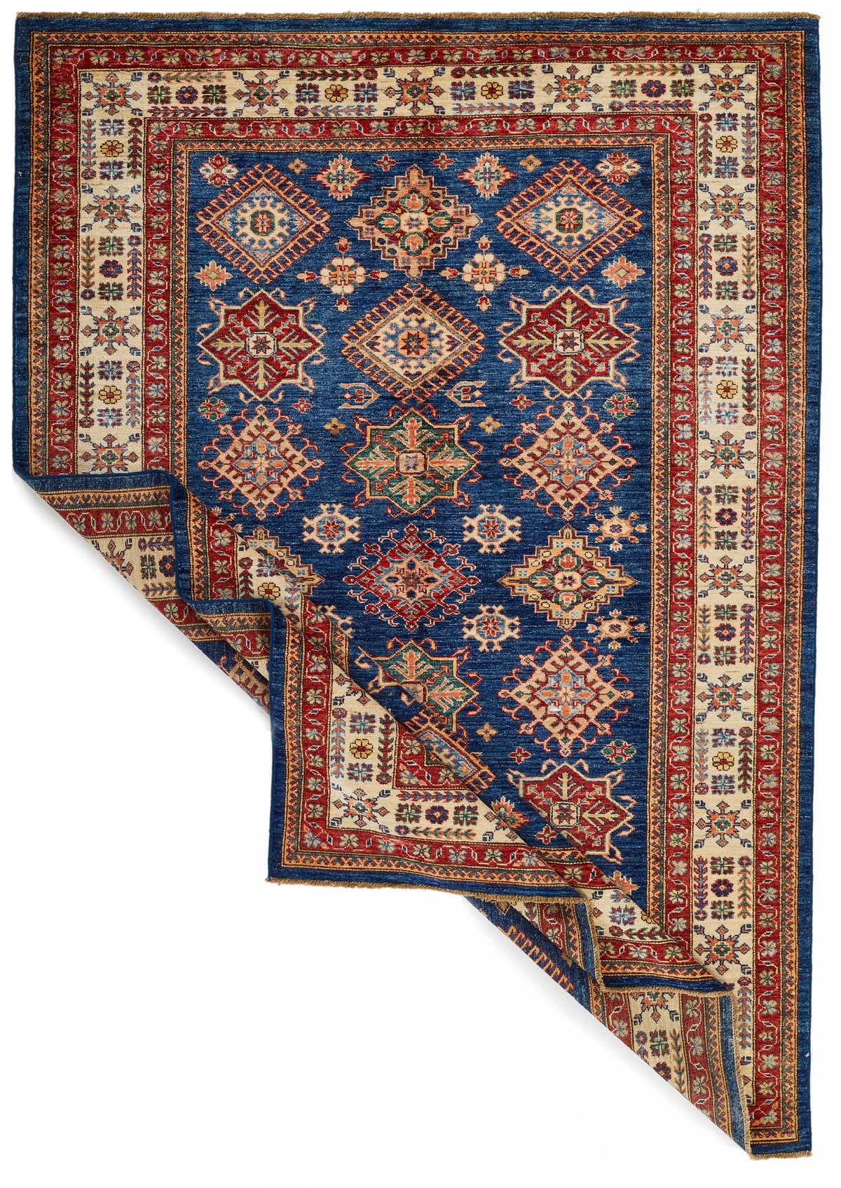 6x8 Navy and Ivory Kazak Tribal Rug