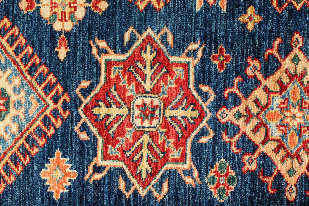 6x8 Navy and Ivory Kazak Tribal Rug