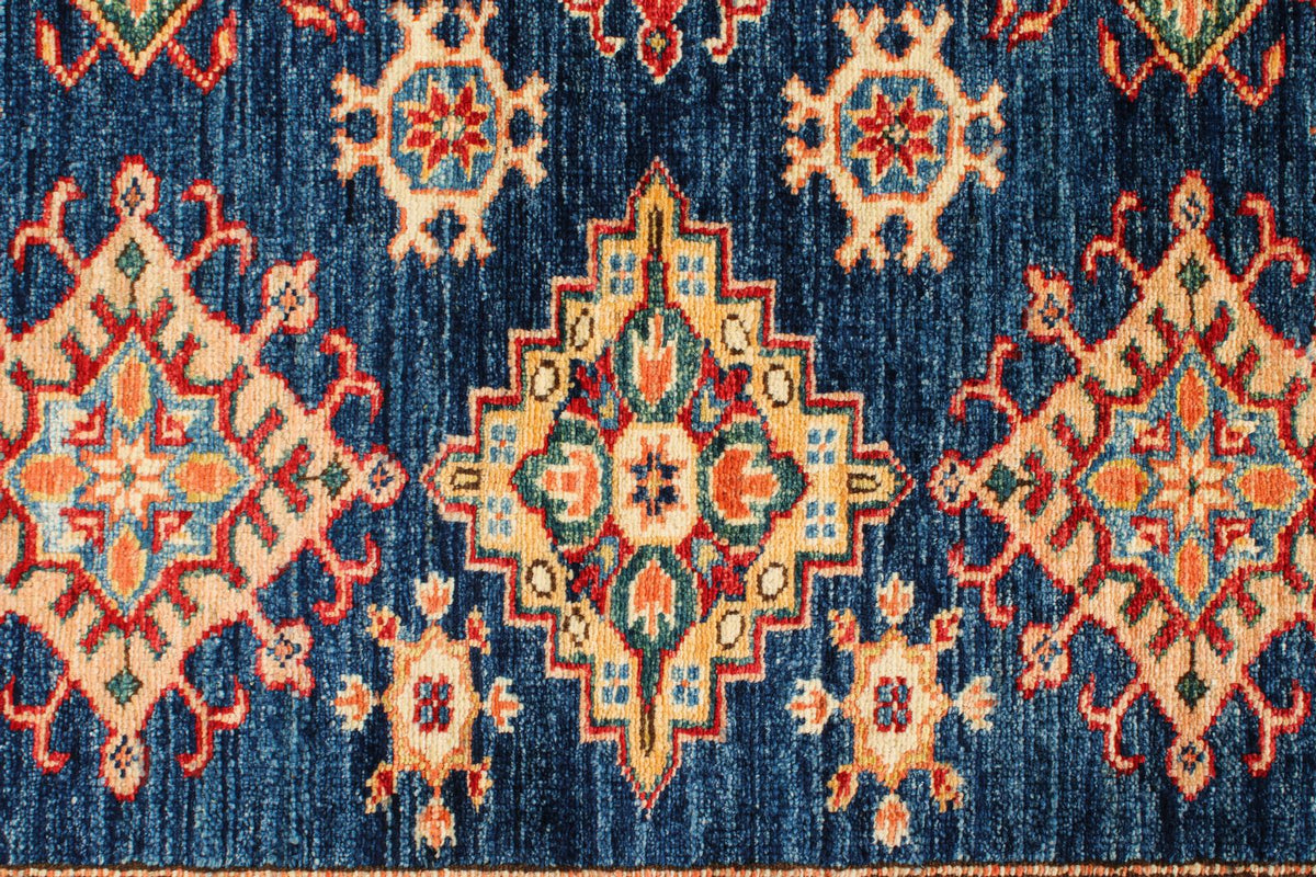 6x8 Navy and Ivory Kazak Tribal Rug