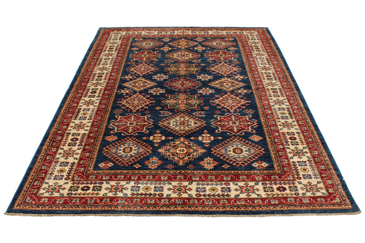 6x8 Navy and Ivory Kazak Tribal Rug