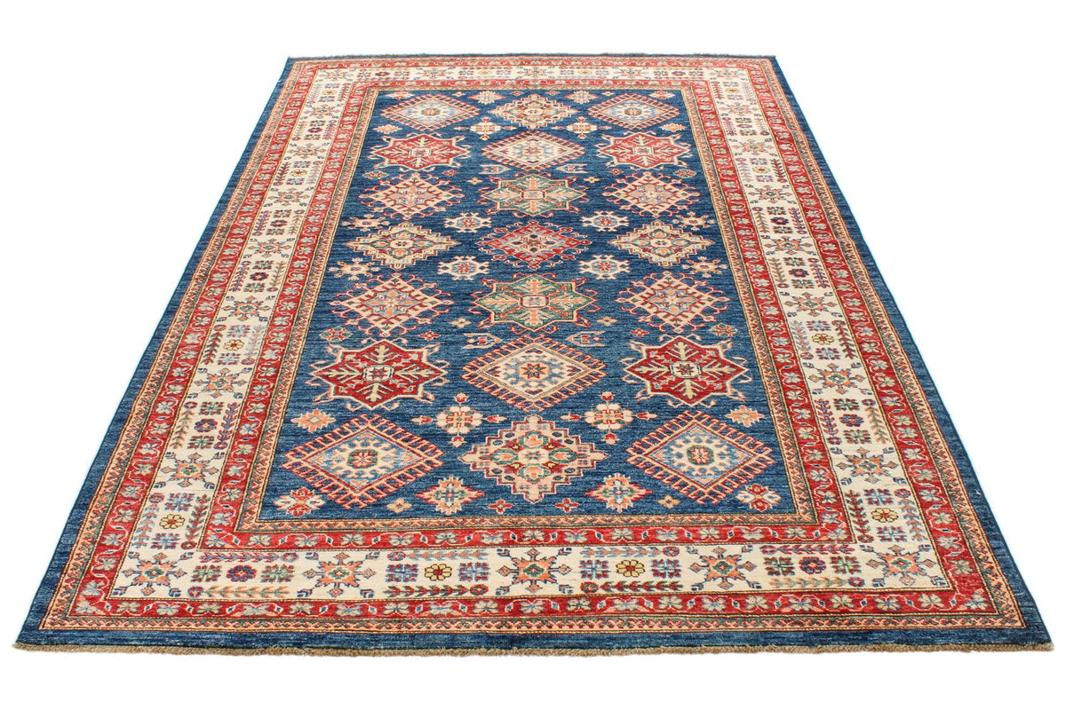 6x8 Navy and Ivory Kazak Tribal Rug
