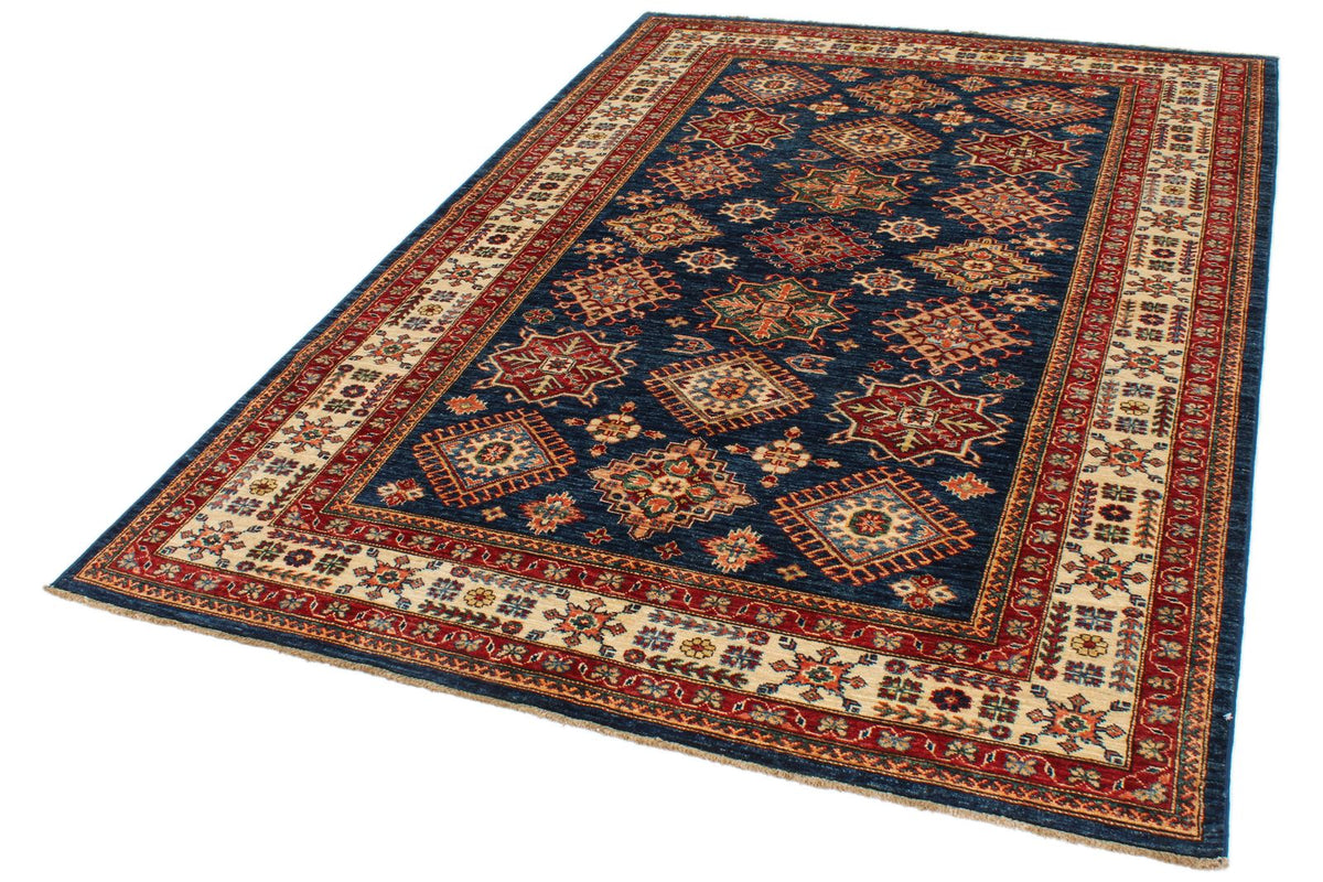 6x8 Navy and Ivory Kazak Tribal Rug