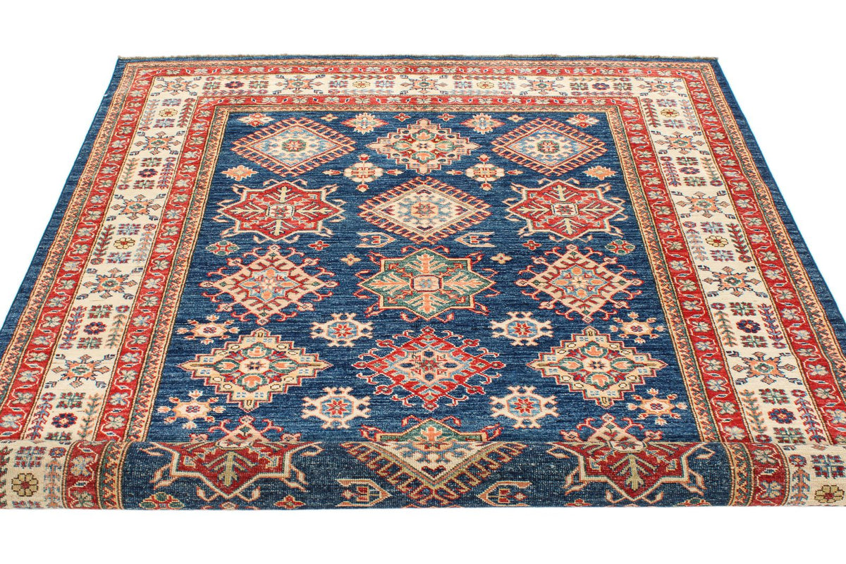 6x8 Navy and Ivory Kazak Tribal Rug