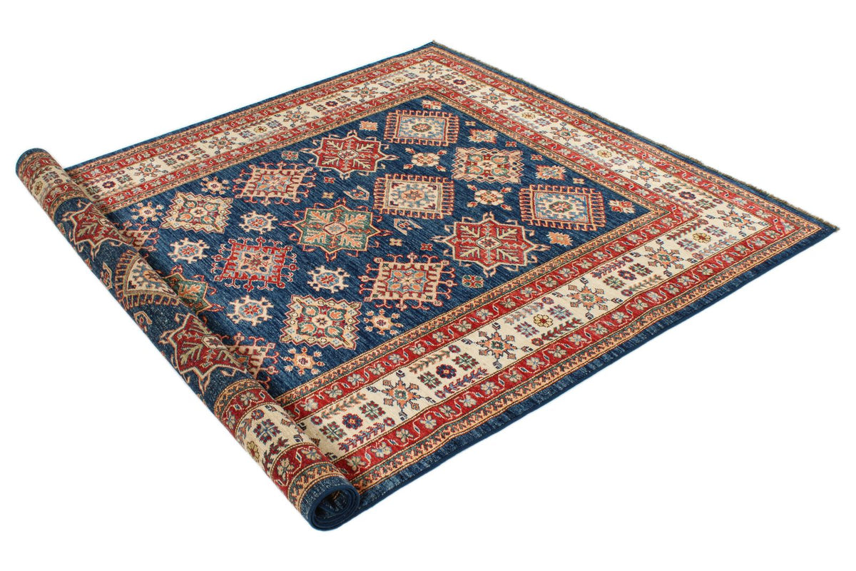6x8 Navy and Ivory Kazak Tribal Rug