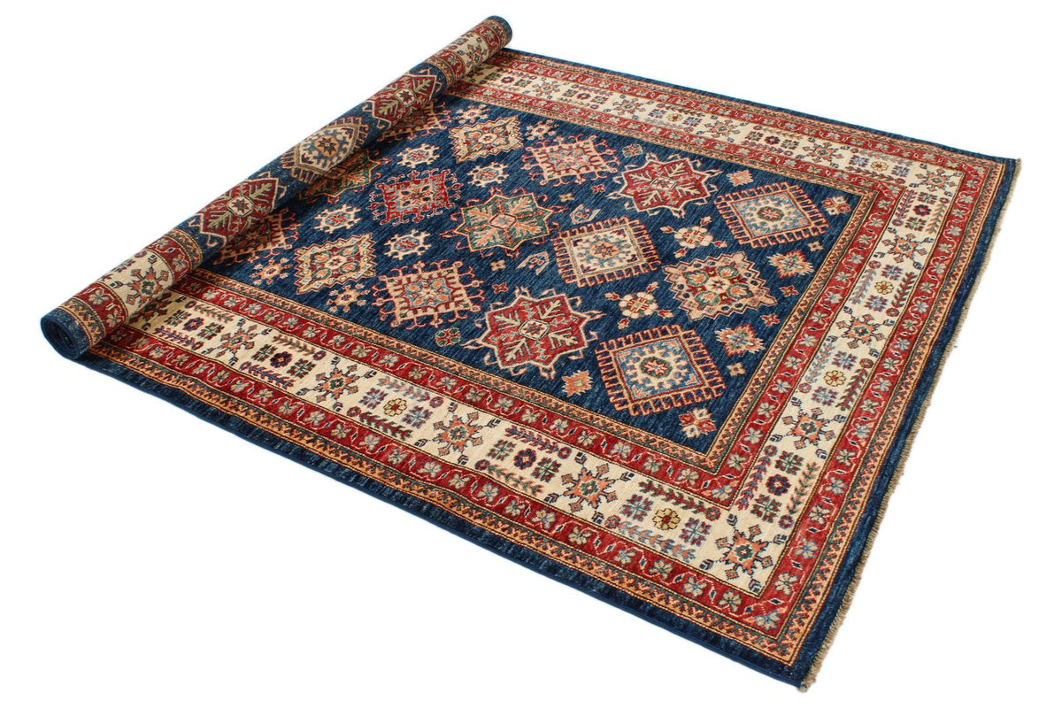 6x8 Navy and Ivory Kazak Tribal Rug