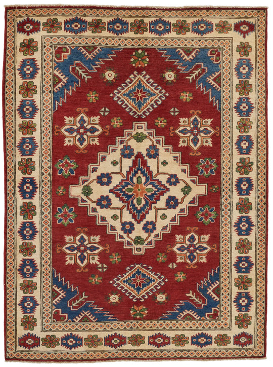 5x7 Red and Ivory Kazak Tribal Rug