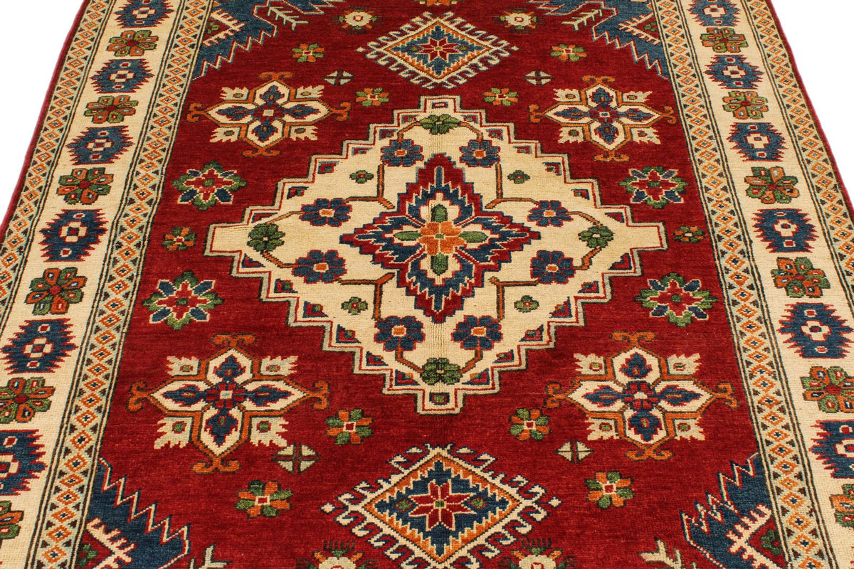 5x7 Red and Ivory Kazak Tribal Rug