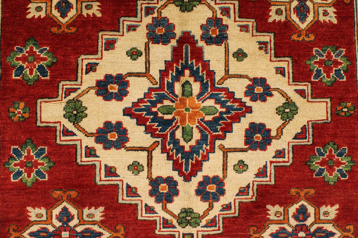 5x7 Red and Ivory Kazak Tribal Rug