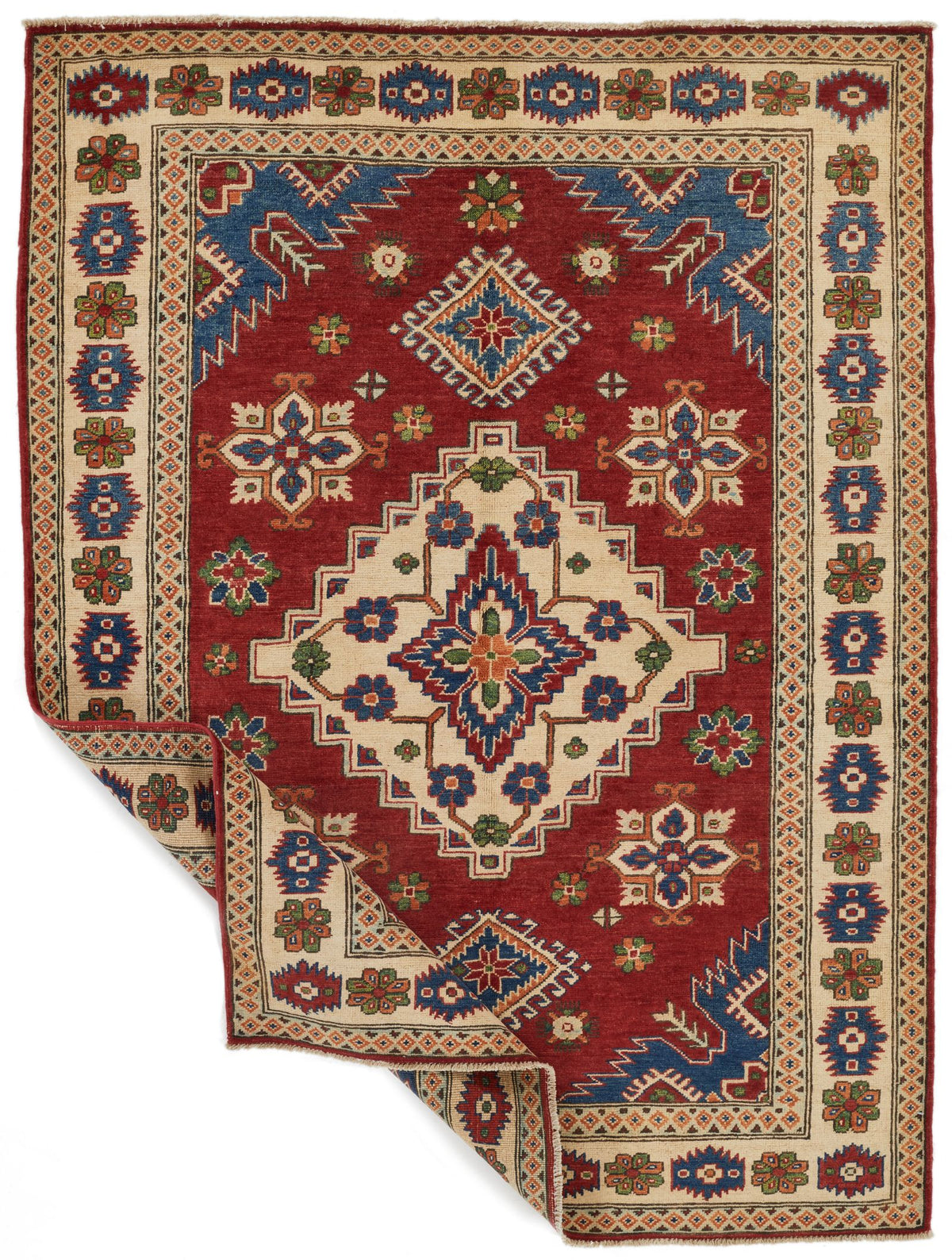 5x7 Red and Ivory Kazak Tribal Rug