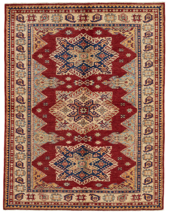 5x6 Red and Ivory Kazak Tribal Rug