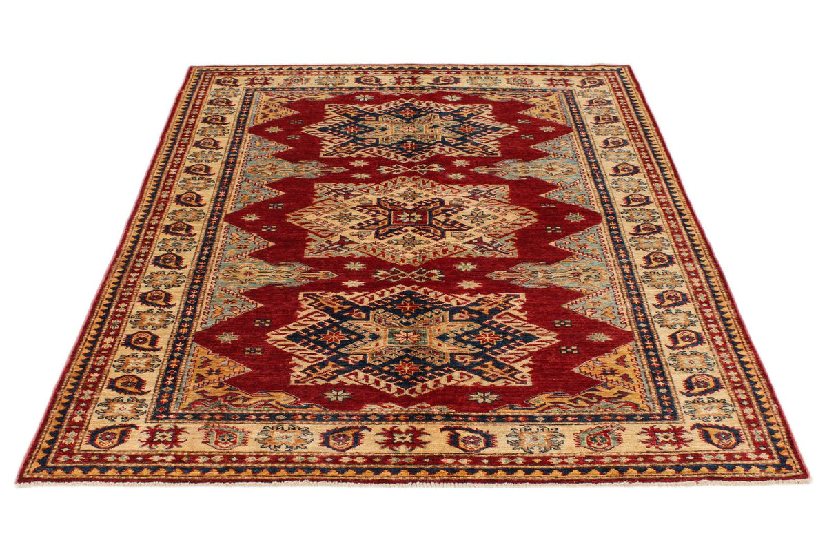 5x6 Red and Ivory Kazak Tribal Rug