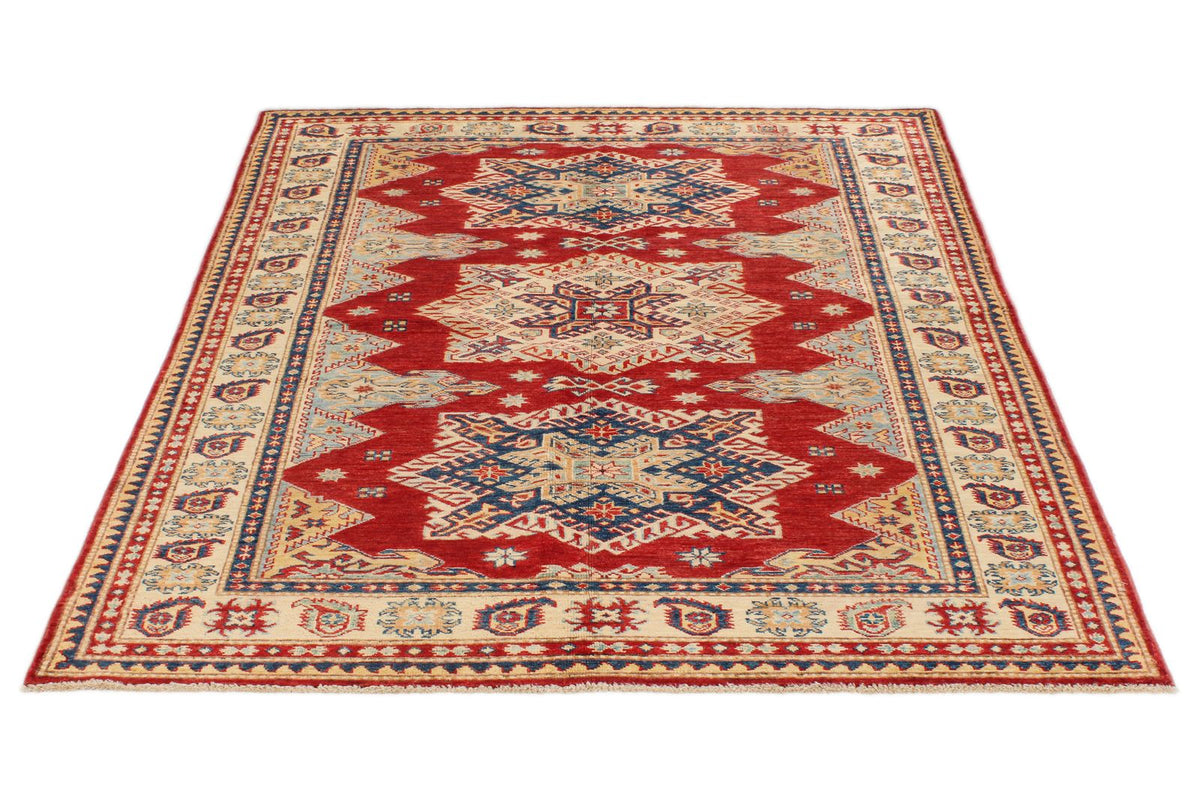 5x6 Red and Ivory Kazak Tribal Rug