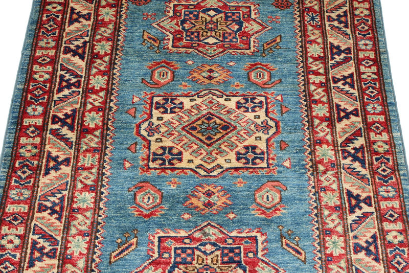 3x3 Blue and Ivory Kazak Tribal Rug