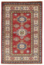 3x5 Red and Ivory Kazak Tribal Rug