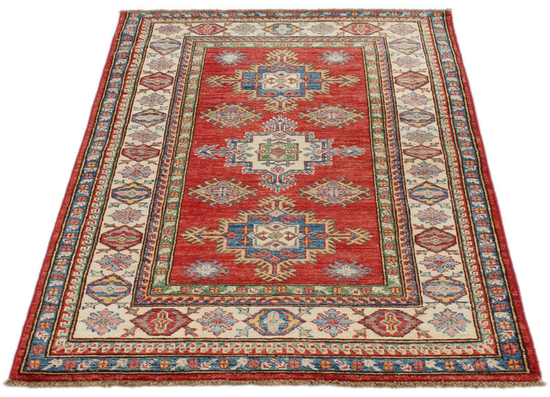 3x5 Red and Ivory Kazak Tribal Rug