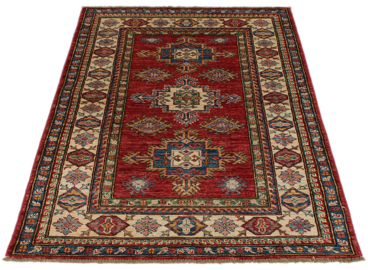 3x5 Red and Ivory Kazak Tribal Rug