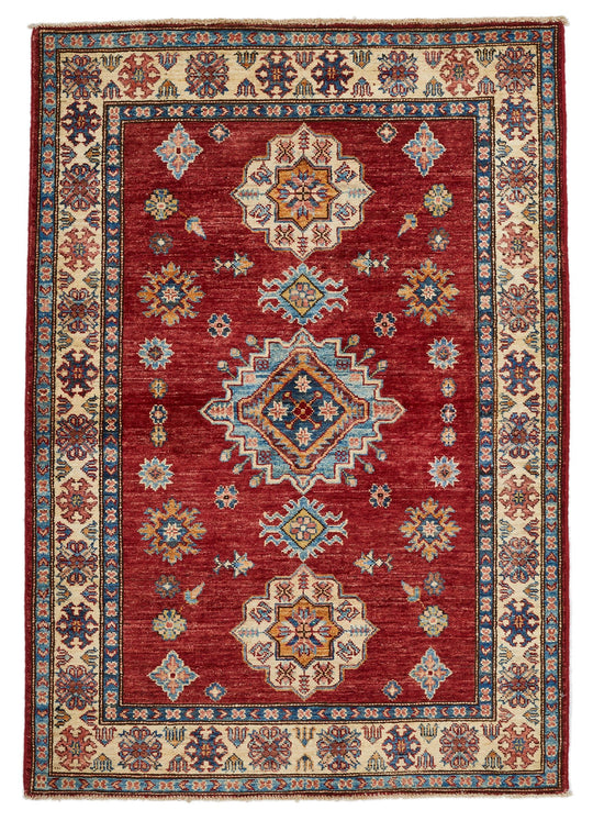 4x5 Red and Ivory Kazak Tribal Rug