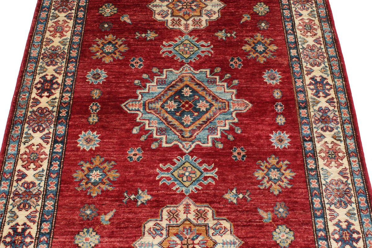 4x5 Red and Ivory Kazak Tribal Rug