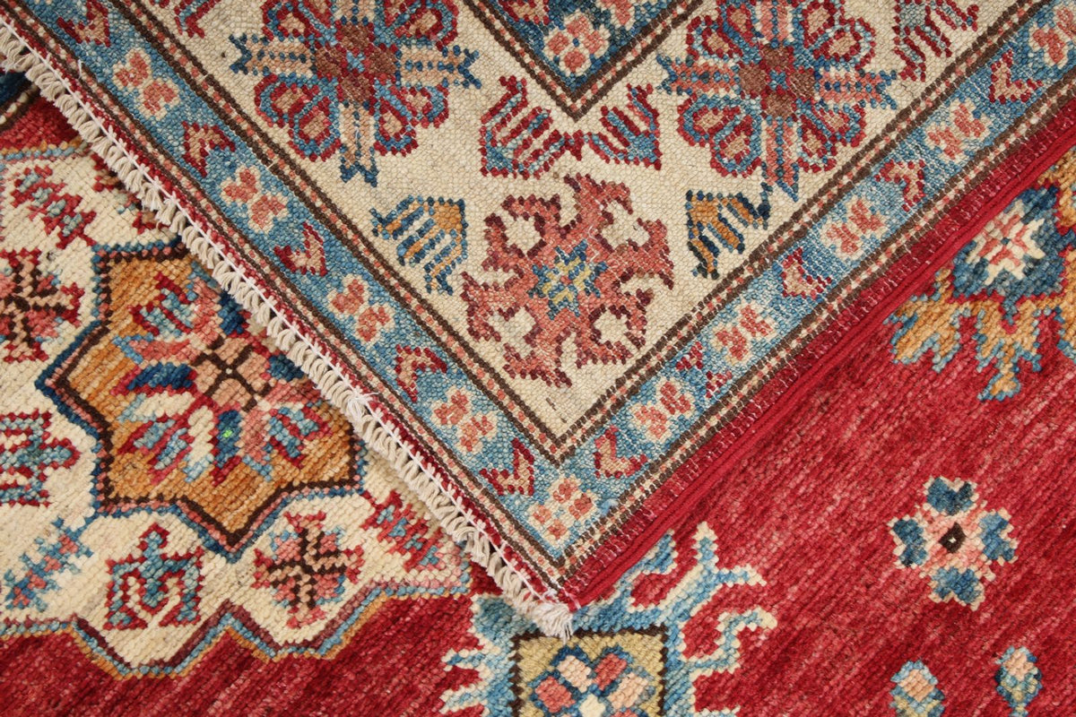 4x5 Red and Ivory Kazak Tribal Rug