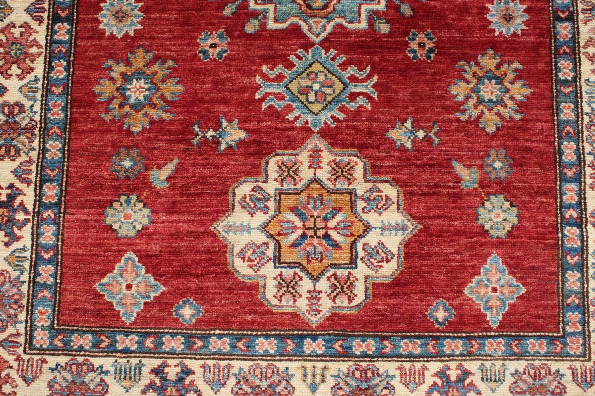 4x5 Red and Ivory Kazak Tribal Rug