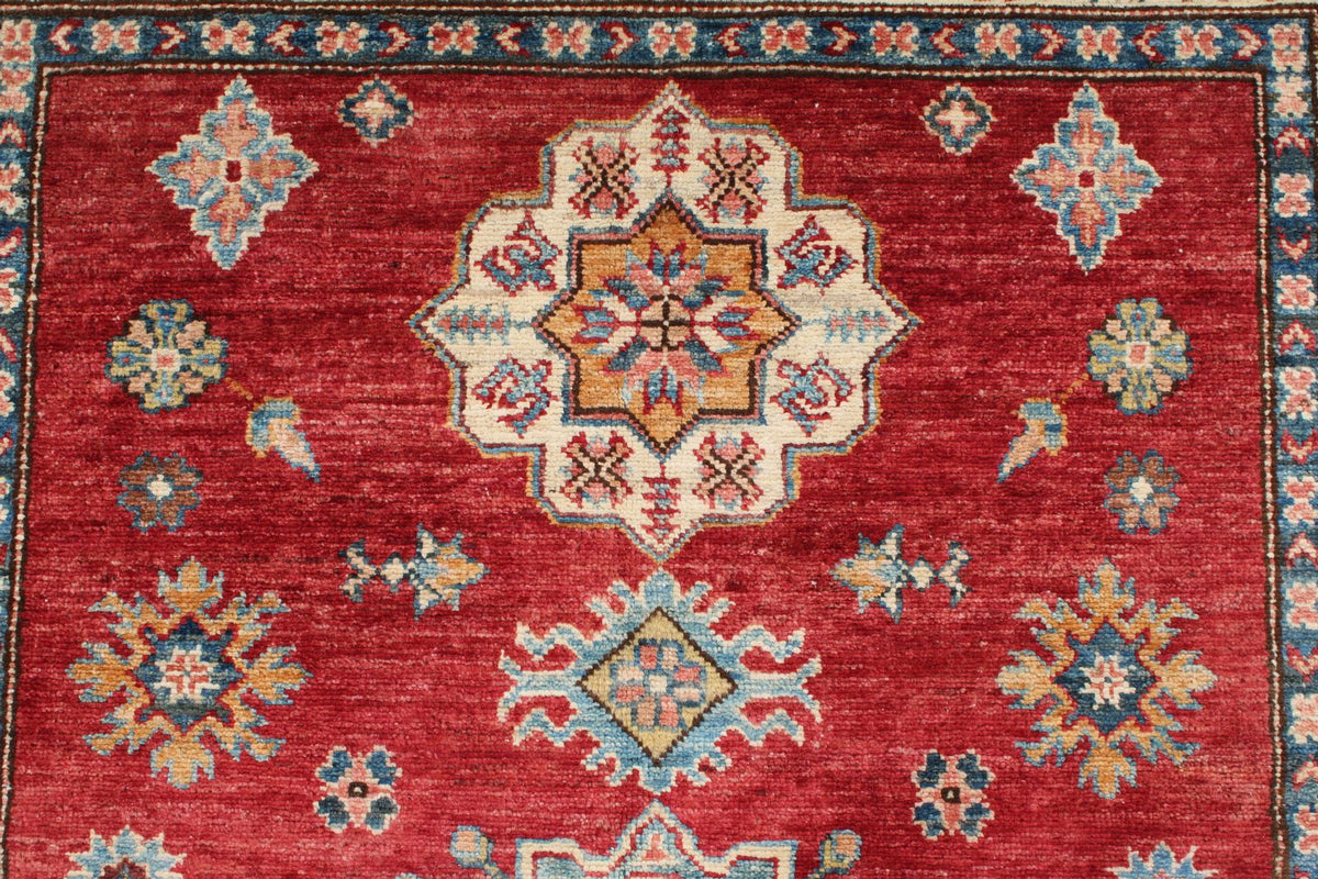 4x5 Red and Ivory Kazak Tribal Rug