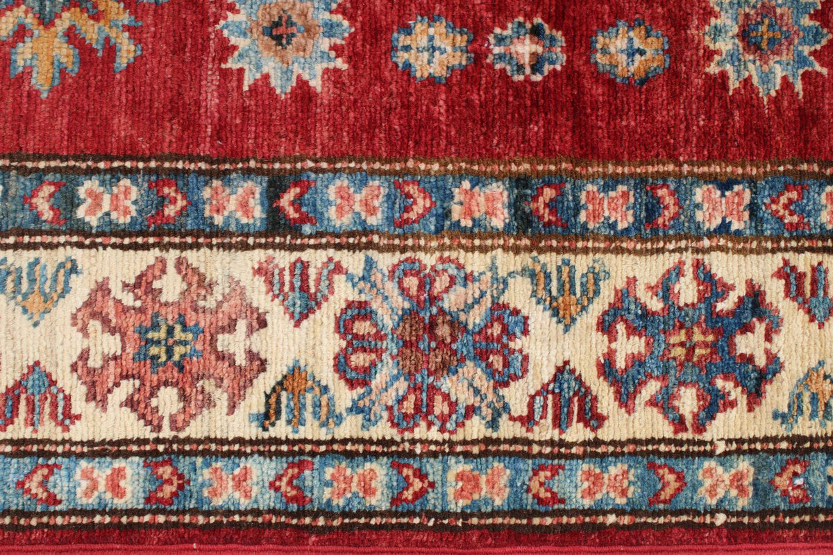 4x5 Red and Ivory Kazak Tribal Rug