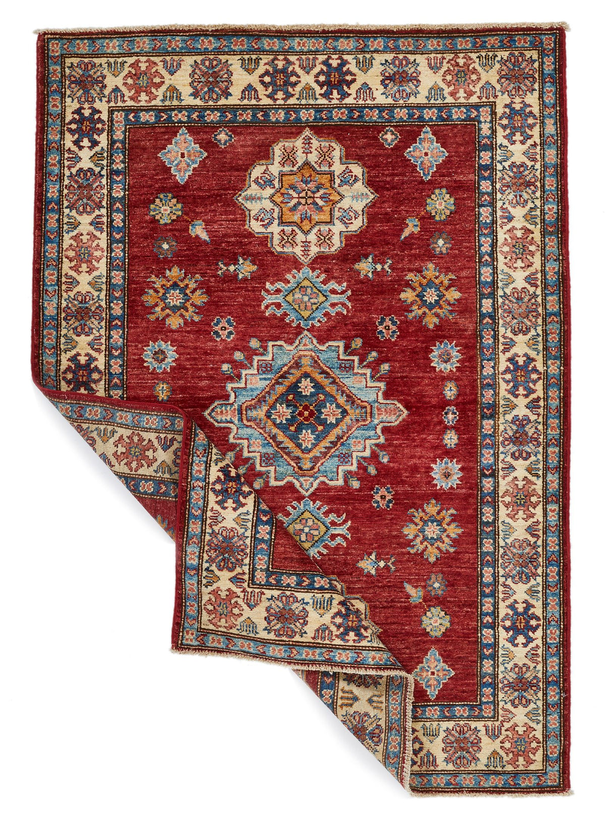 4x5 Red and Ivory Kazak Tribal Rug