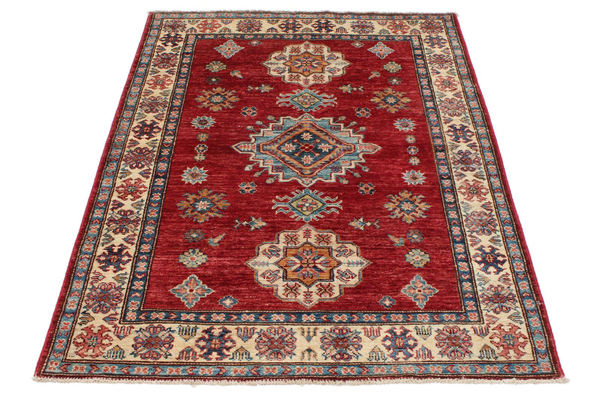 4x5 Red and Ivory Kazak Tribal Rug