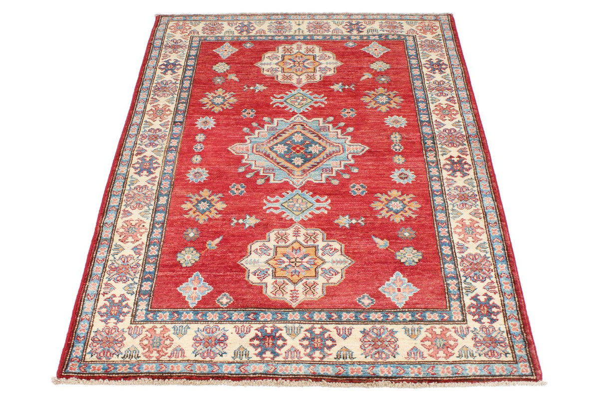 4x5 Red and Ivory Kazak Tribal Rug