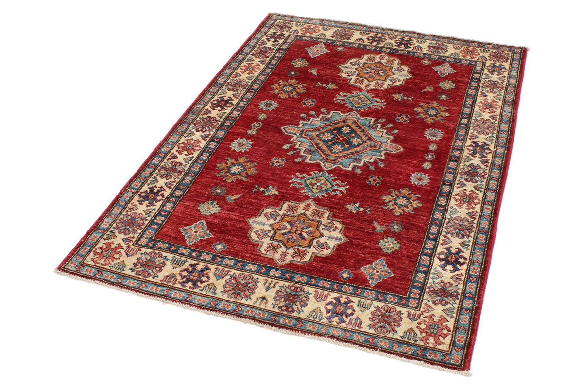 4x5 Red and Ivory Kazak Tribal Rug