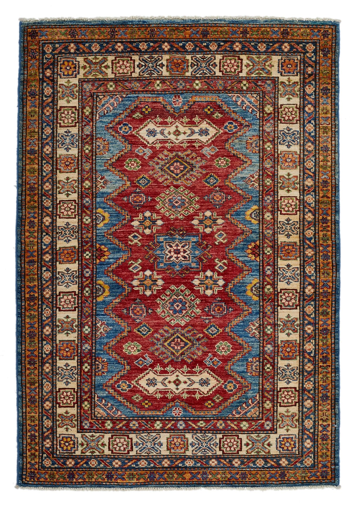 4x5 Red and Ivory Kazak Tribal Rug