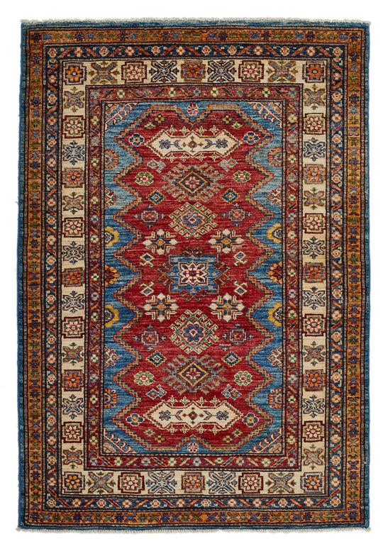 4x5 Red and Ivory Kazak Tribal Rug