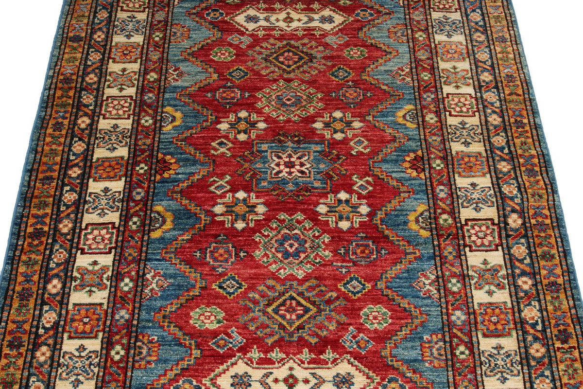4x5 Red and Ivory Kazak Tribal Rug