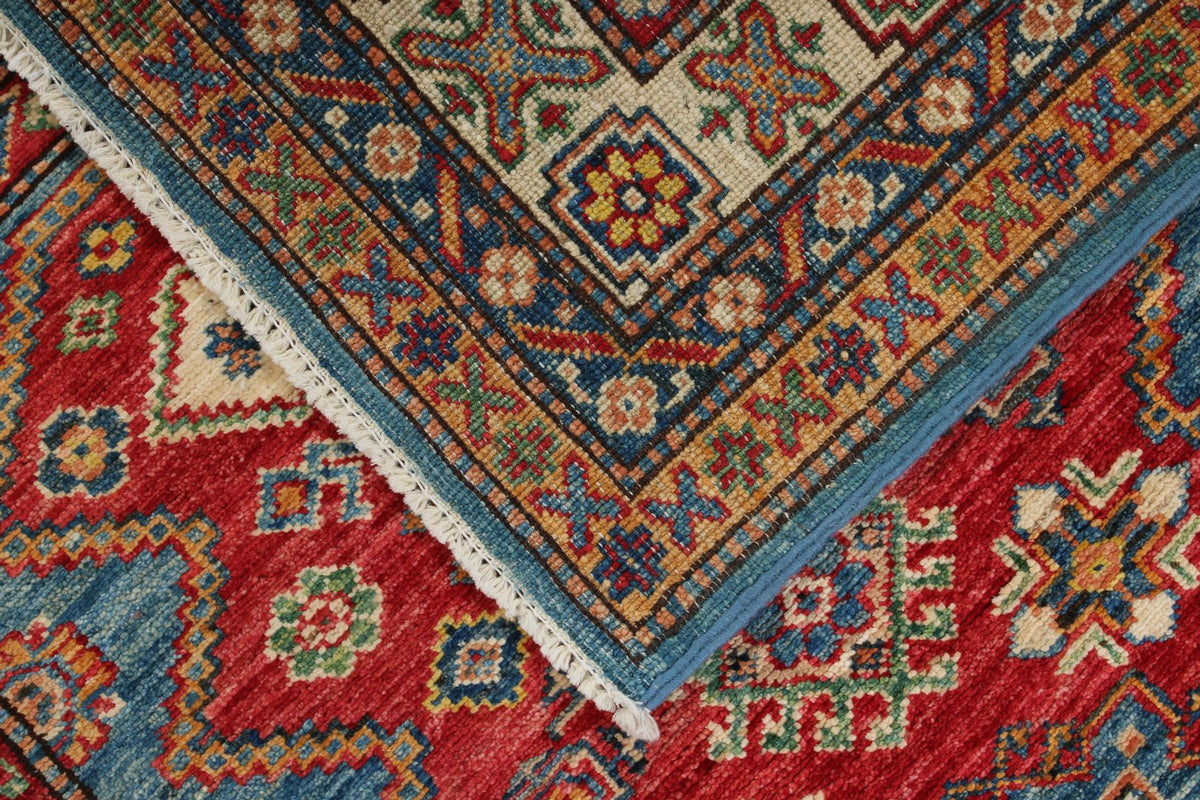 4x5 Red and Ivory Kazak Tribal Rug