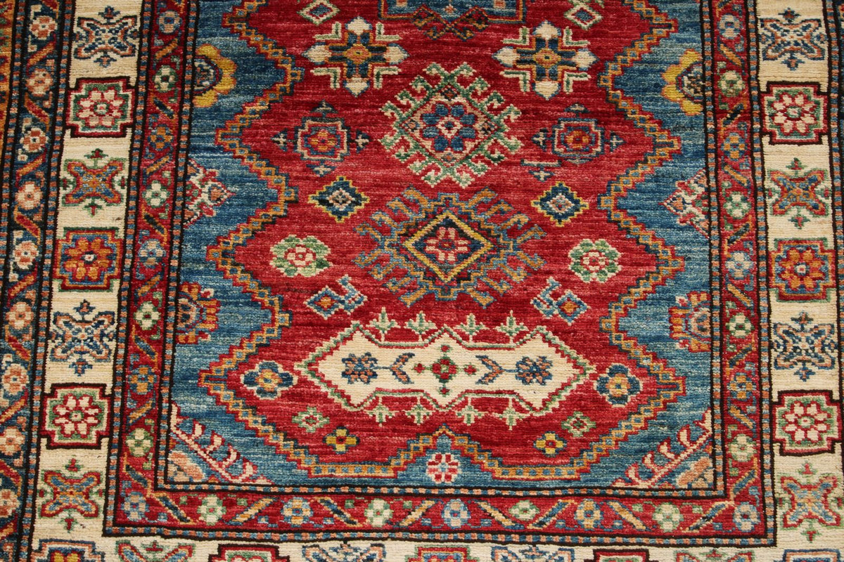 4x5 Red and Ivory Kazak Tribal Rug