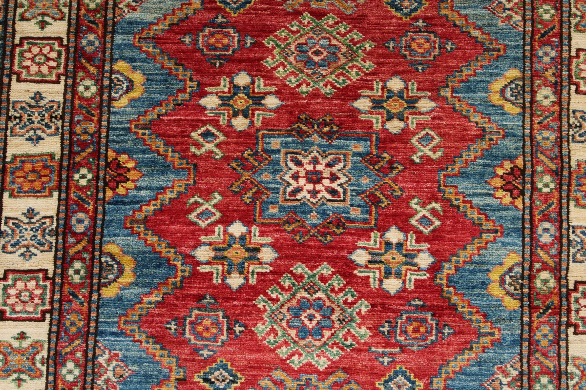 4x5 Red and Ivory Kazak Tribal Rug