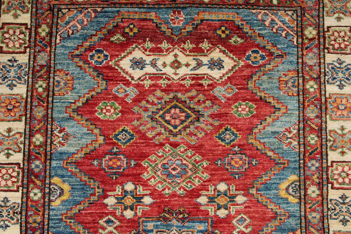 4x5 Red and Ivory Kazak Tribal Rug