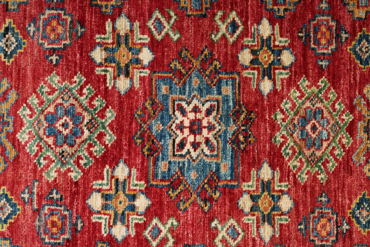 4x5 Red and Ivory Kazak Tribal Rug