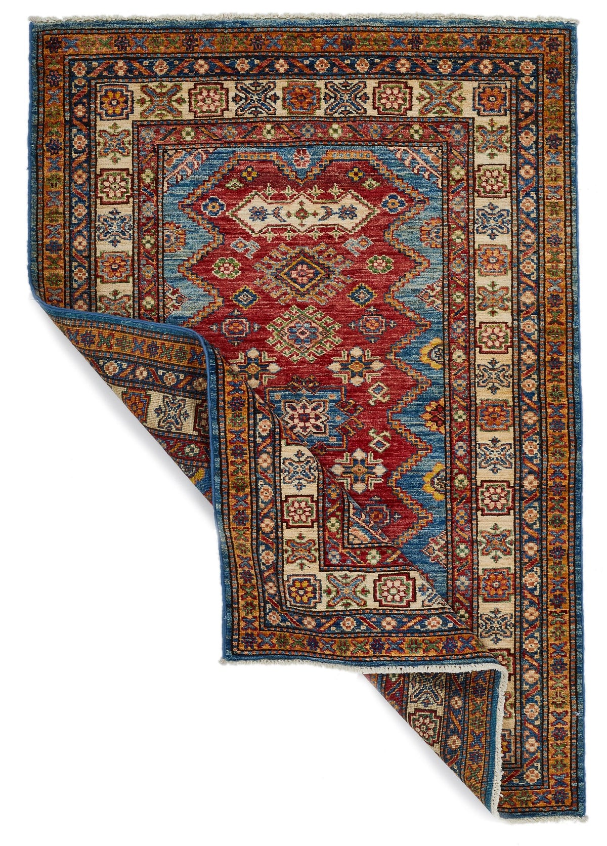 4x5 Red and Ivory Kazak Tribal Rug