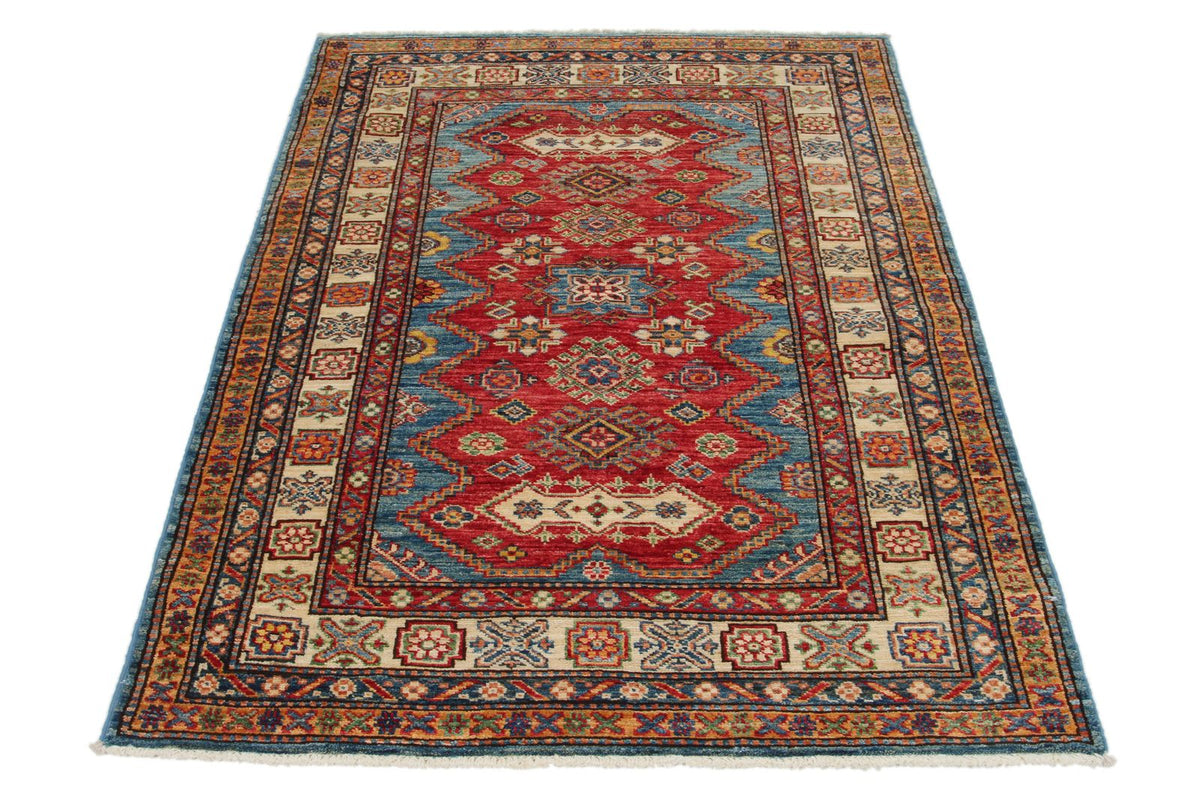 4x5 Red and Ivory Kazak Tribal Rug