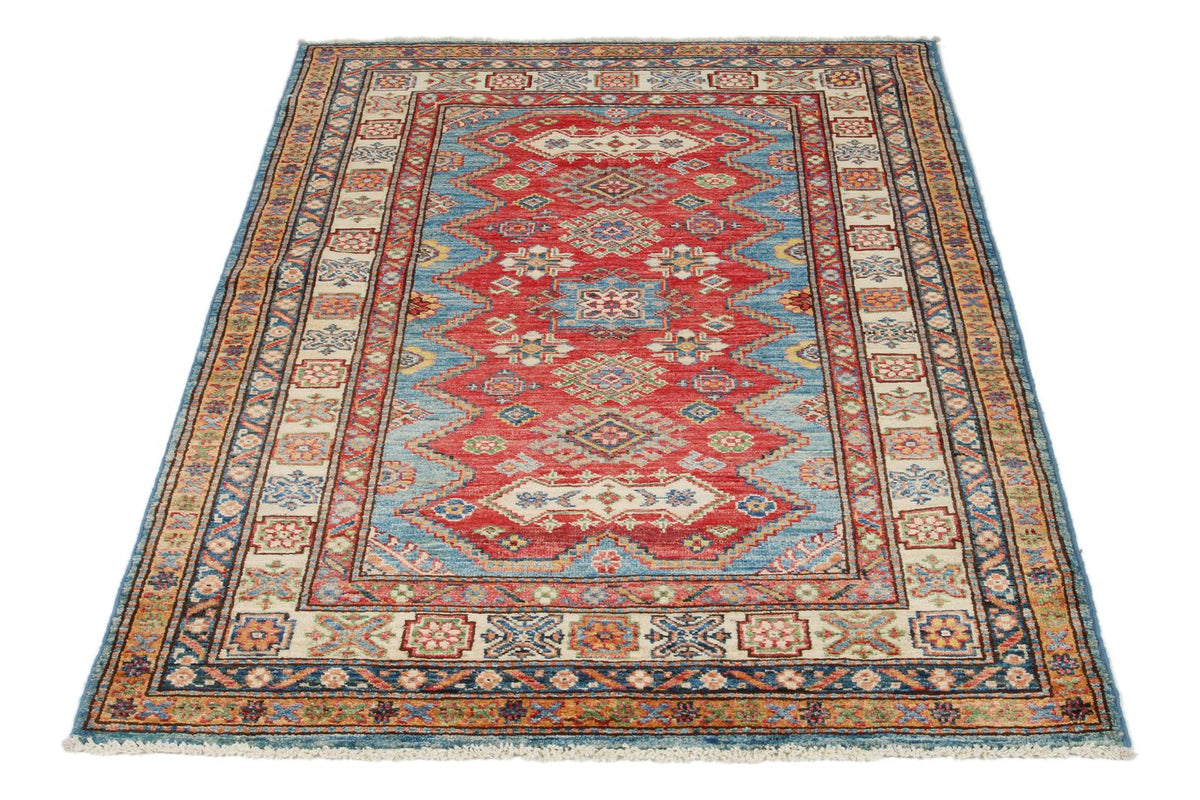 4x5 Red and Ivory Kazak Tribal Rug
