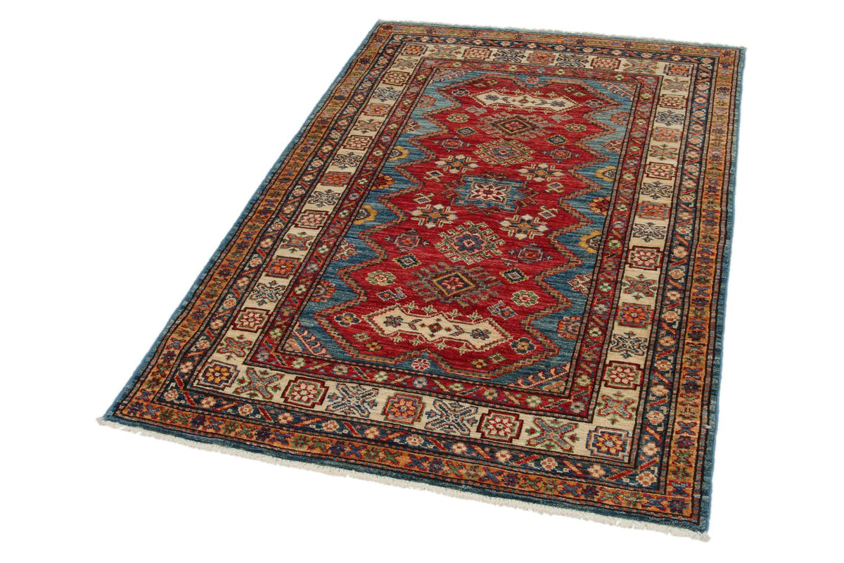 4x5 Red and Ivory Kazak Tribal Rug