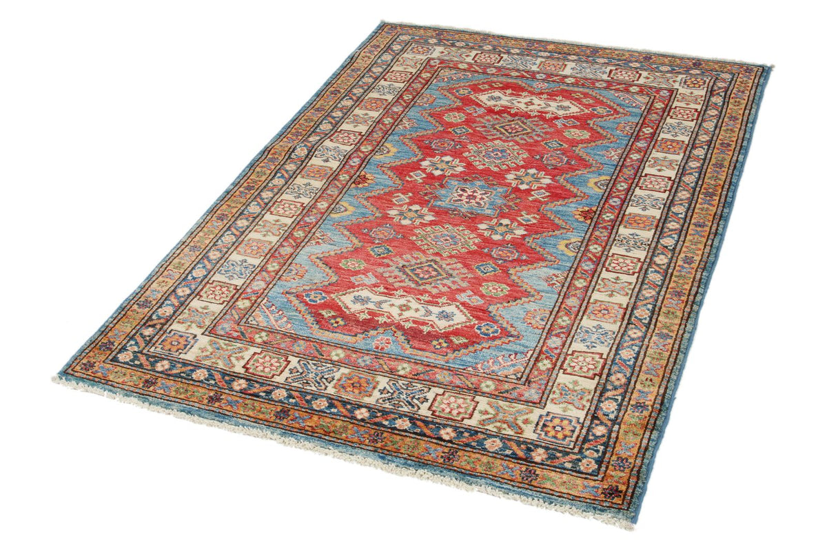 4x5 Red and Ivory Kazak Tribal Rug