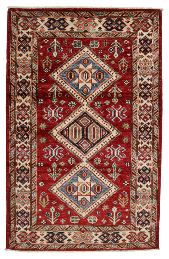 3x5 Red and Ivory Kazak Tribal Rug