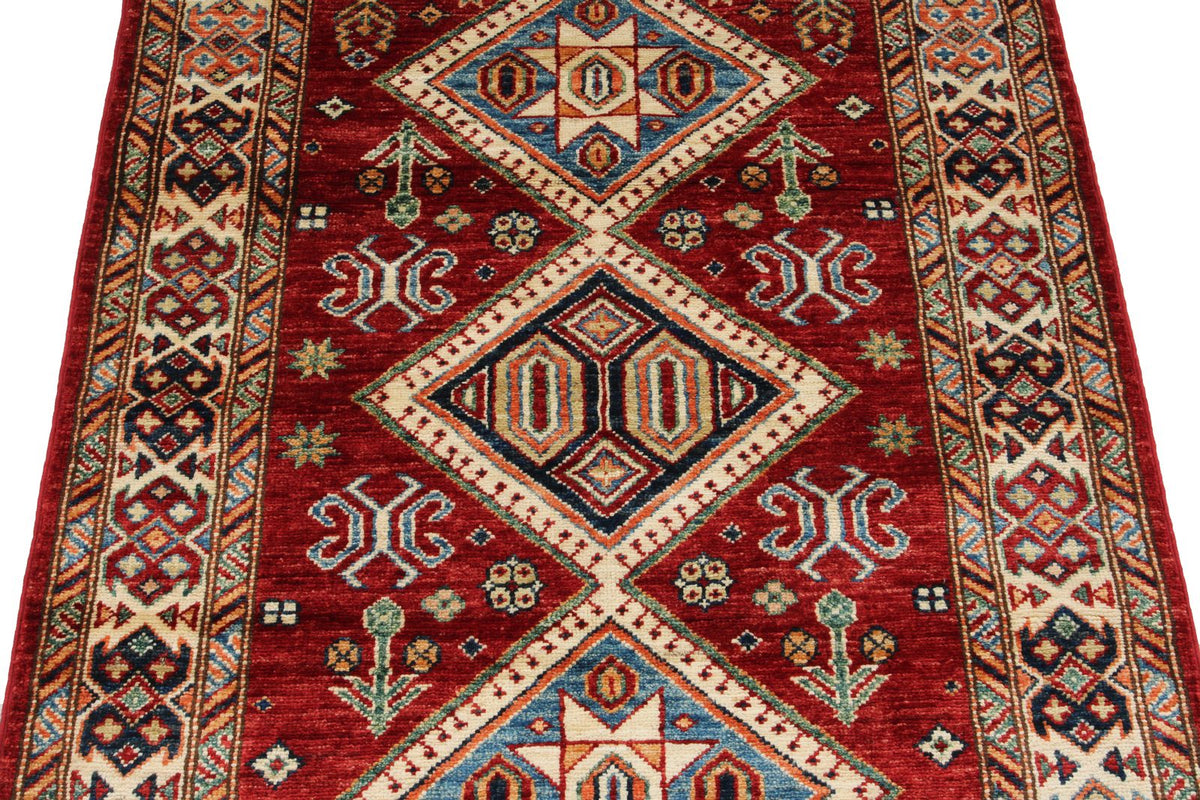3x5 Red and Ivory Kazak Tribal Rug